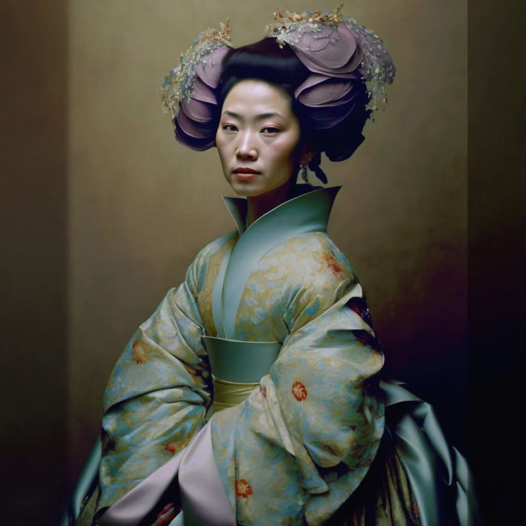 A photo in the style Annie Leibovitz, of a young Japanese Baroque woman dressed in modern light blue and green kimono inspired by Issey Miyake. Photo taken with Mamiya RZ67 and Mamiya Sekor 110mm f2.8
