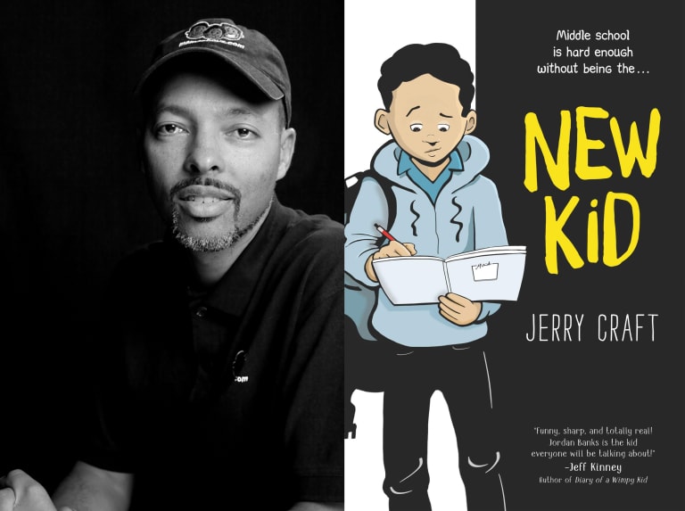 A photograph of Jerry Craft next to the cover of his graphic novel "New Kid."