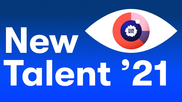"New Talent '21" written on blue background with a large stylized eye graphic in the upper right corner.