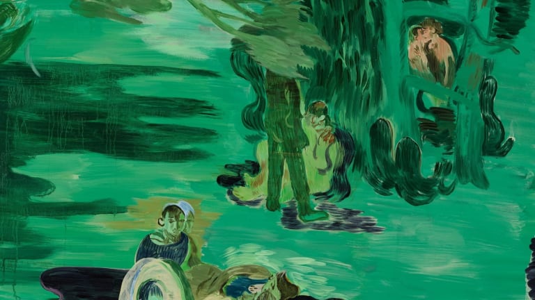 A green painting of various figures within a surreal landscape