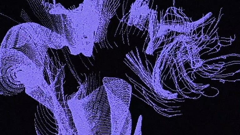 A still from the abstract animated film "How did I get here?" by Juan David Figueroa. An abstract pixelated light purple figure that looms in a black background.