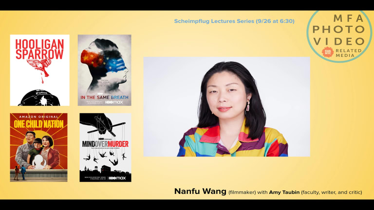 portrait of Nanfu Wang with images of film posters with MFA Photo logo