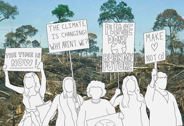 Faceless drawings of people hold up signs protesting climate change. They are laid on an image of a destroyed forest.