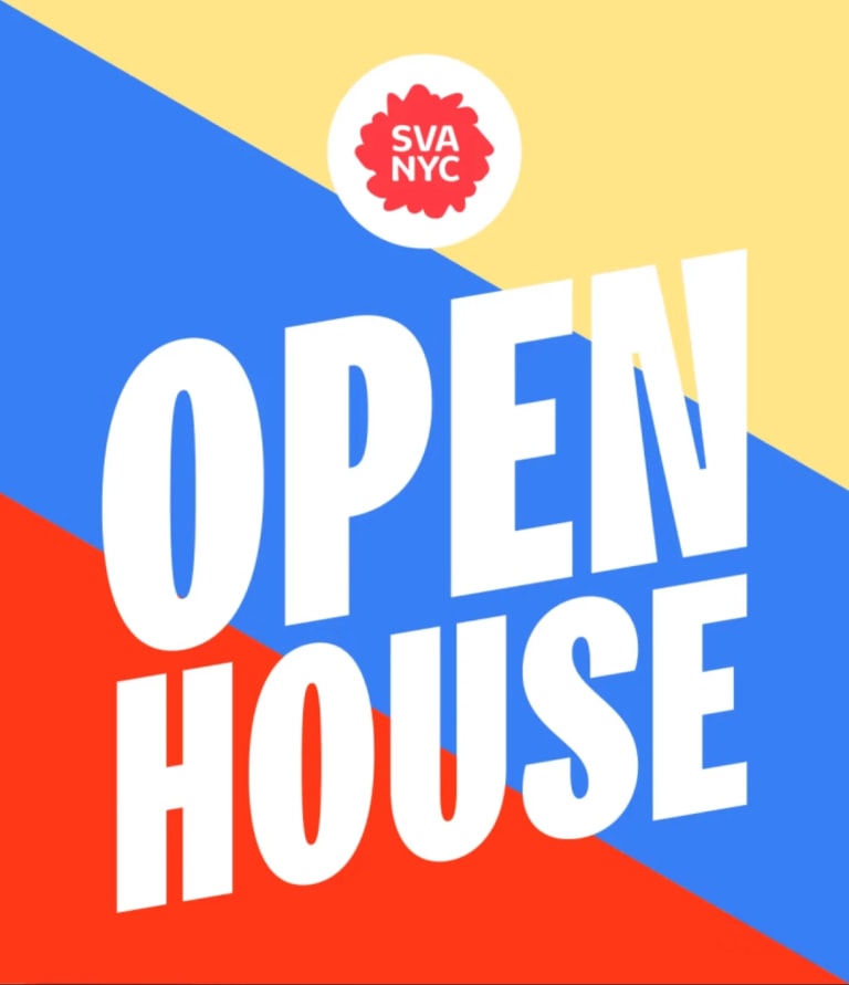 An event banner with the SVA logo and the words Open House over a background with bands of yellow, blue, and red running diagonally downward from left to lower