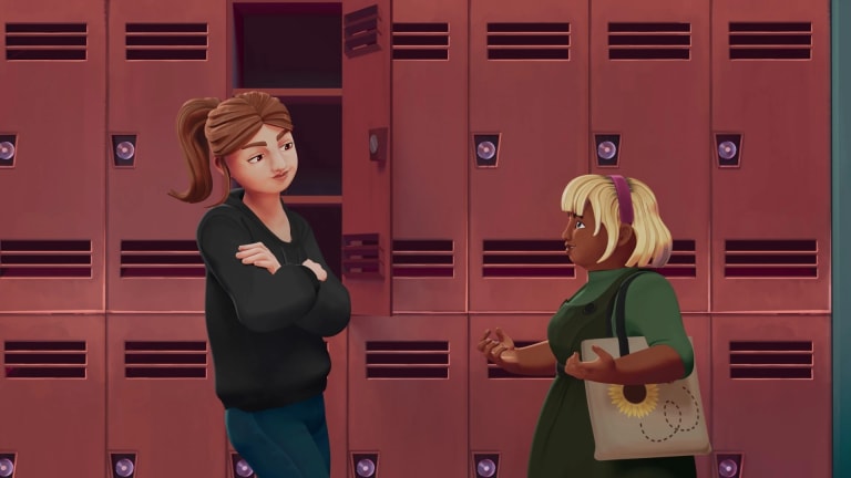 A still from a 3D animated movie depicting two young girls talking in front of a row of lockers in a high school hallway. One of the girls is taller, pale, and has reddish brown hair, while the other is shorter, dark-skinned, and blonde.