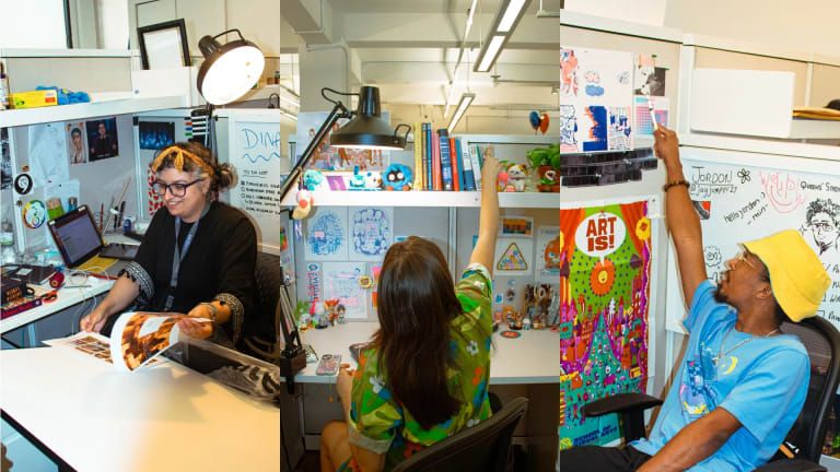 Collage of three photos, students in their studio work spaces.