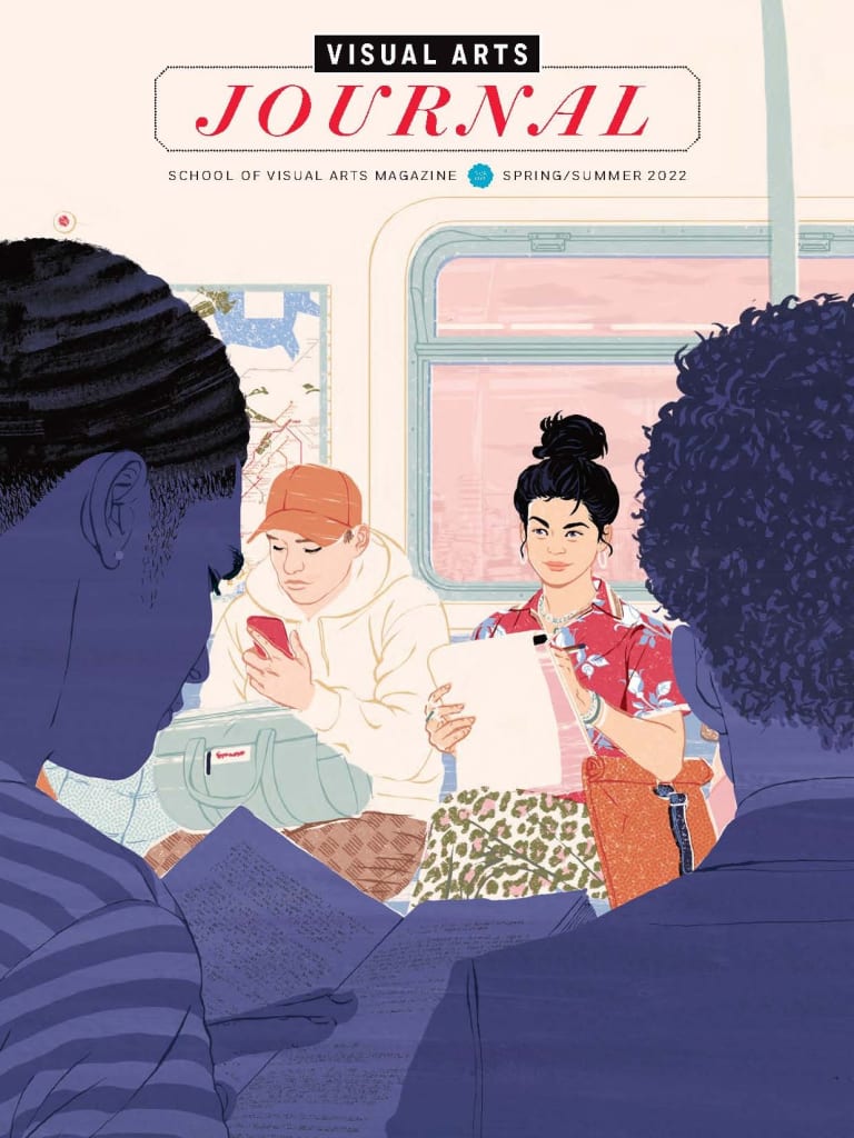 A magazine cover featuring an illustration of an artist on the subway, sketching her fellow riders.