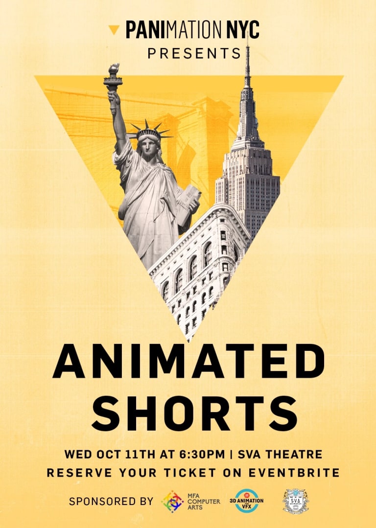 Poster with event information and upside down triangle with images of NYC within, like the statue of liberty, empire state building, and flatiron building