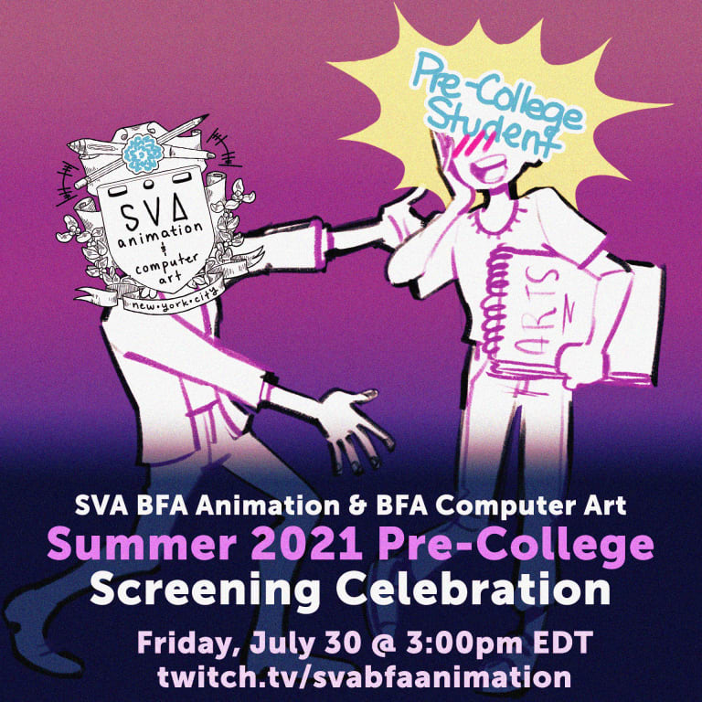 SVA BFA Animation Summer 2021 Pre-College Screening Celebration cartoon image of Animation Department welcoming in Precollege students
