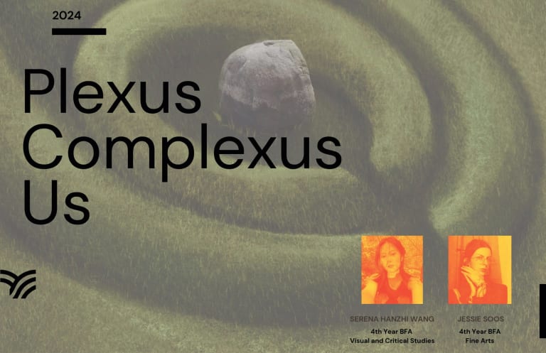 Proposal title page with the project name in black font over a hazy image of a stone sitting within three concentric circular grassy mounds, and orange-tinted photos of the two co-creators in the lower right corner