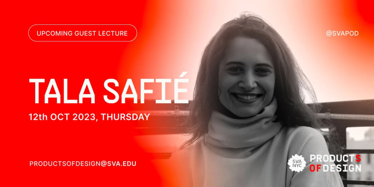 A red graphic with a black and white photo of a smiling woman in a white turtleneck. To the left of the image is white text that reads "Tala Safie" 