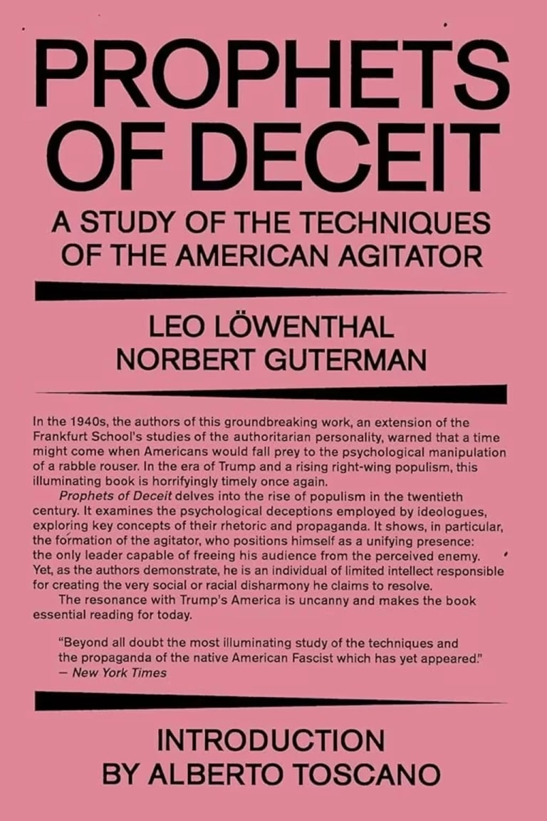 Cover of Lowenthal and Guterman book, Prophets of Deceit, with text on pink