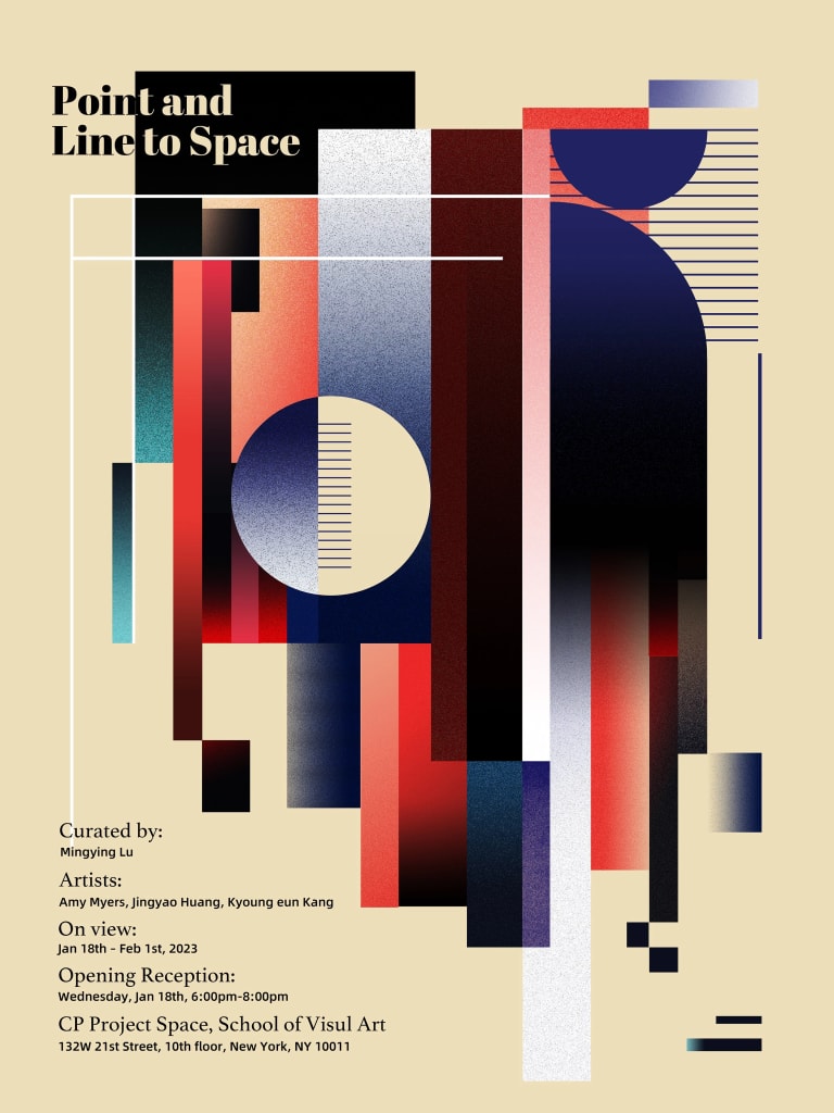 Point and Line to Space exhibit poster, featuring abstract shapes in reds, oranges and blue ombre against a beige background
