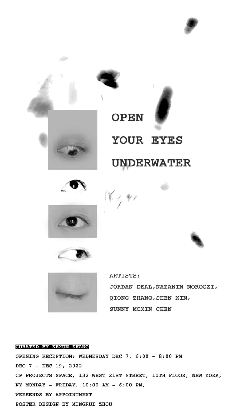 A white graphic with 5 stacked black and white images of a person's eye looking in various directions. Next to the stack of images is the text "Open Your Eyes Underwater"