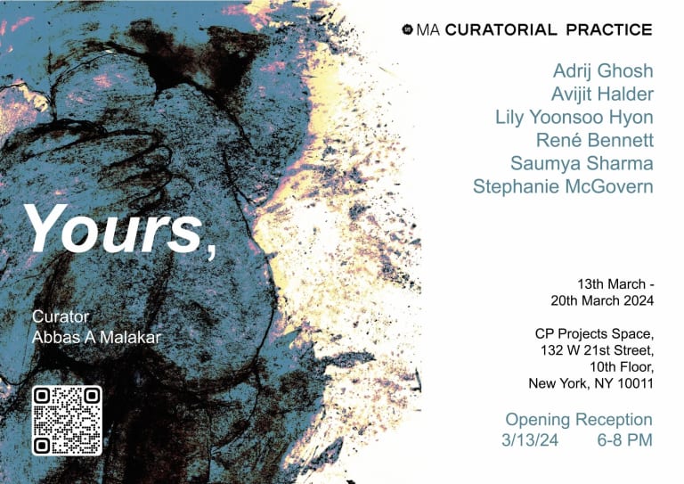 Poster for "Yours," exhibition with blue figure drawing in the background