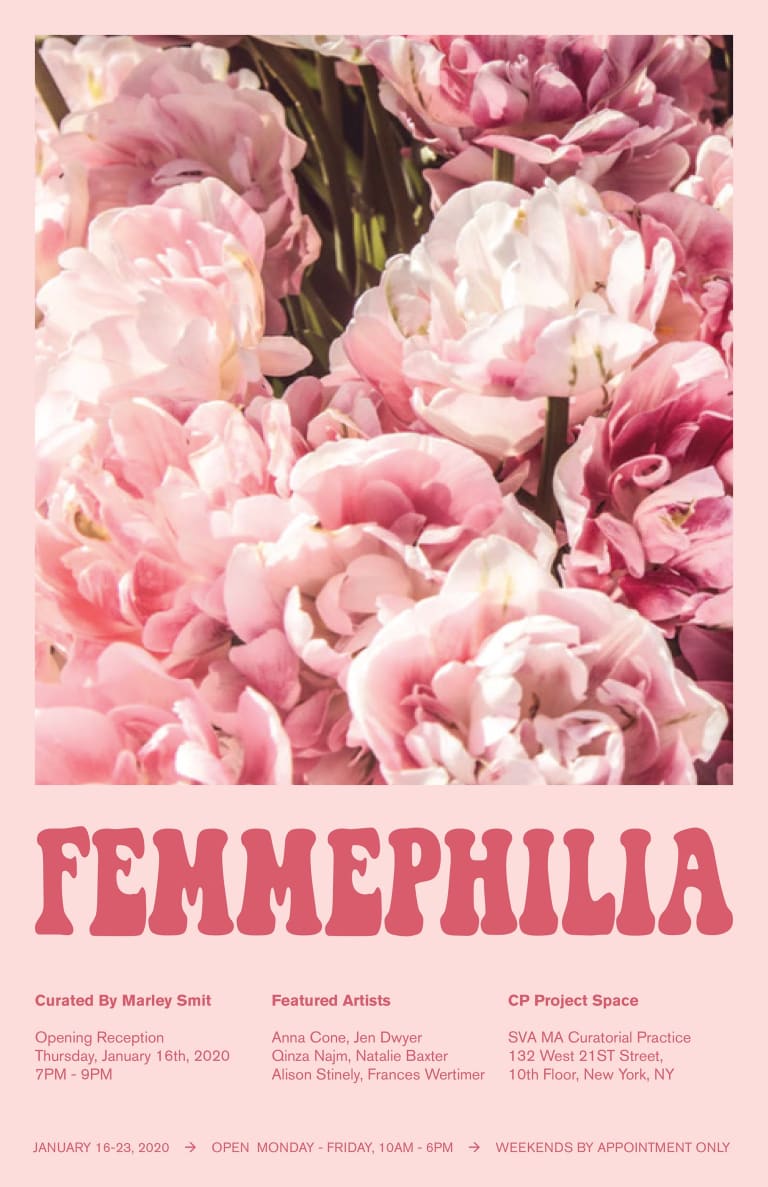 Event poster with details for "Femmephilia," written in psychedelic pink letters with an image of pink flowers 