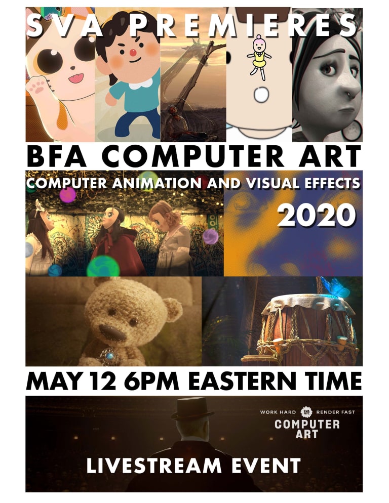 BFA Computer Art 2020 Thesis Screening event poster, featuring stills from various student animations. It says the event details: May 12, 6:00pm, Livestream event