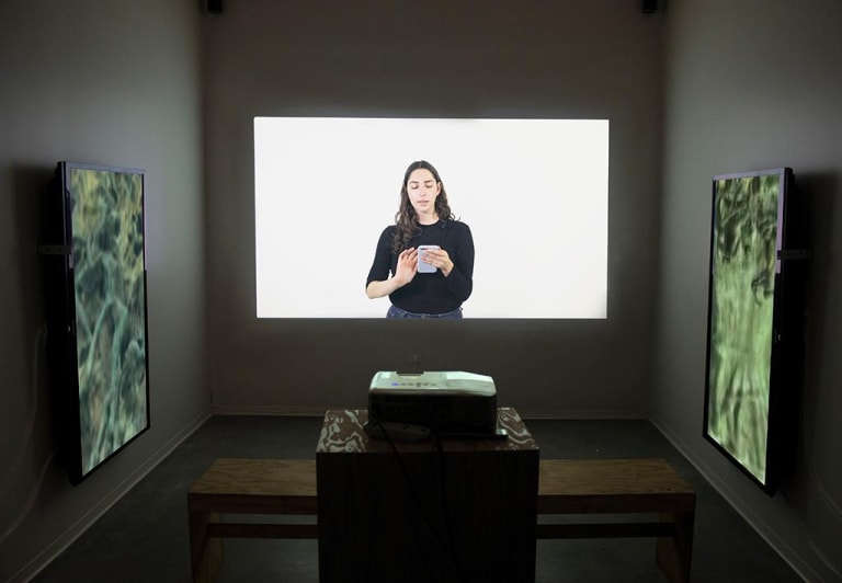 A dark room with gray walls and a projector on a table, projecting a video on the far wall of artist Rachel Zaretsky looking at her phone. The two side walls each have a mounted TVs with closeup imagery of green foliage on their screens