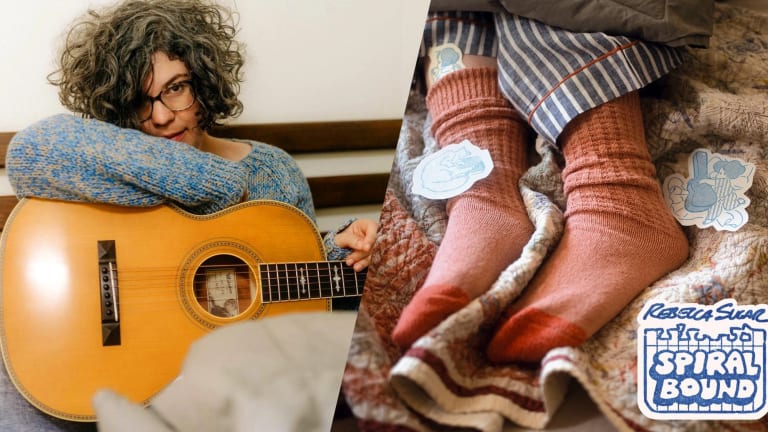 left: an image of a person holding a guitar while sitting in bed; right: an image of a pair of feet wearing pink socks on a bed. 