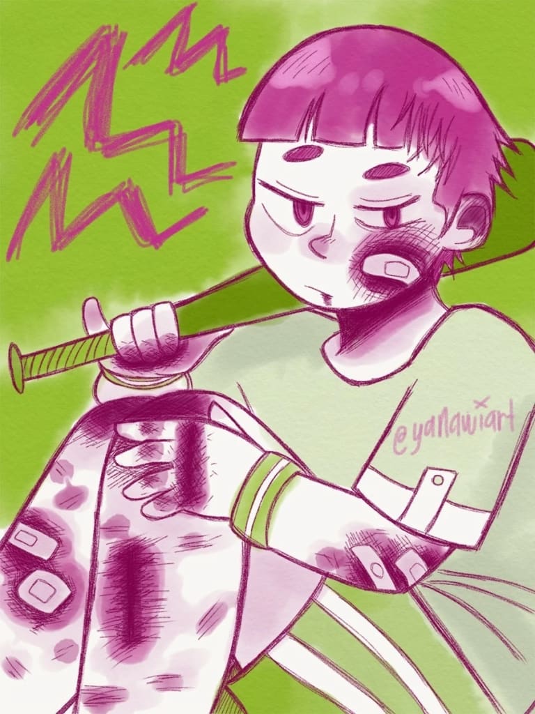 Purple and green illustration of a boy, with several band-aids and bruises, holding a baseball bat. 