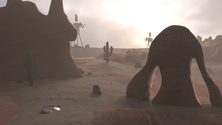 A rendered desert landscape with strange forms emerging from the sand and a metallic disc on the ground in the bottom left corner.