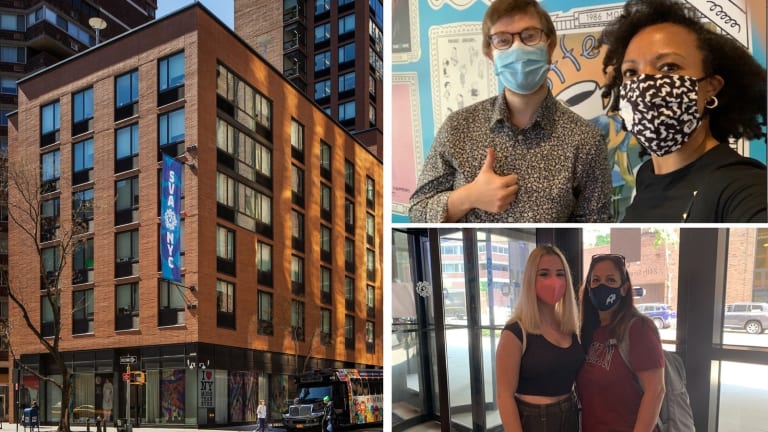A photo-collage showing the exterior of an SVA residential building and two pairs of people wearing face masks.
