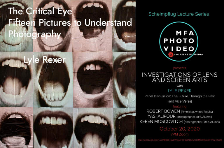 A book cover with a grid of 12 sepia images of open mouths. The book title and author, "The Critical Eye: Fifteen Pictures to Understand Photography, Lyle Rexer" are written in white. Event details are next to the book cover