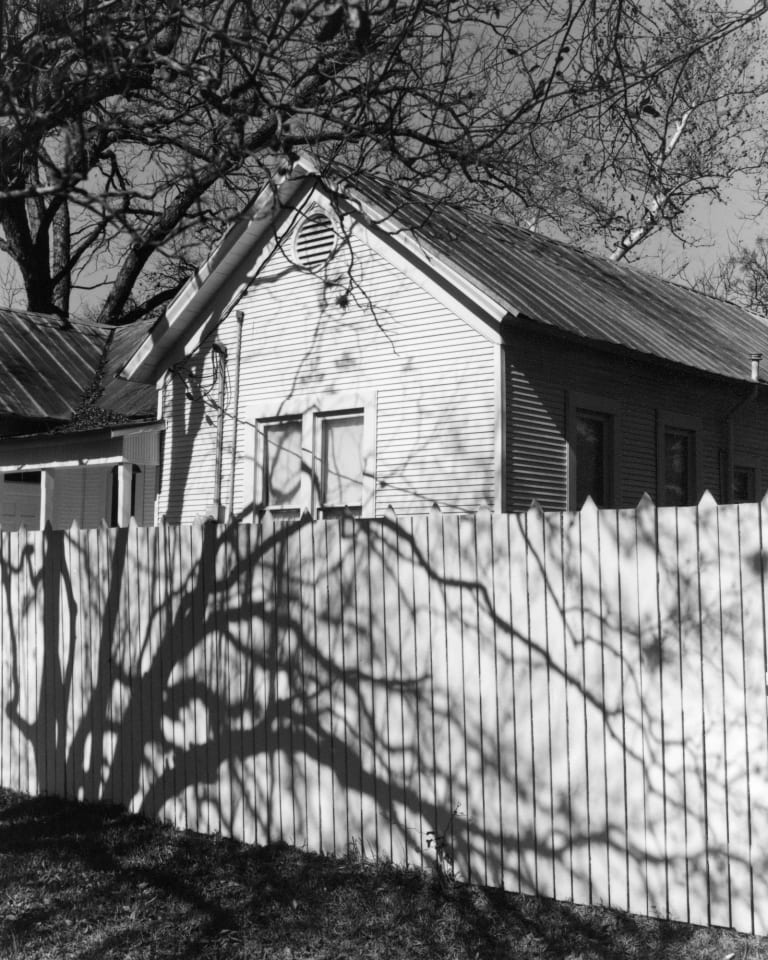 A black-and-white photograph of a fence and a house, with the shadow of tree branches falling over the fence.