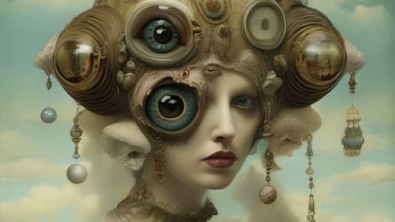 AI Artwork: "ICU-01" Image of person with enlarged eyeball and headpiece with reflective globes and eyeballs. dangly pearl-like earrings hang from headpiece. clouds and sky in background.