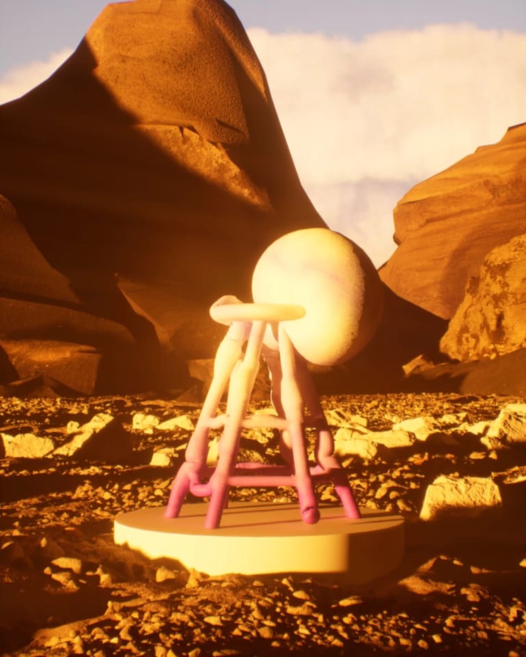 A deformed stool sits within a sunrise desert landscape