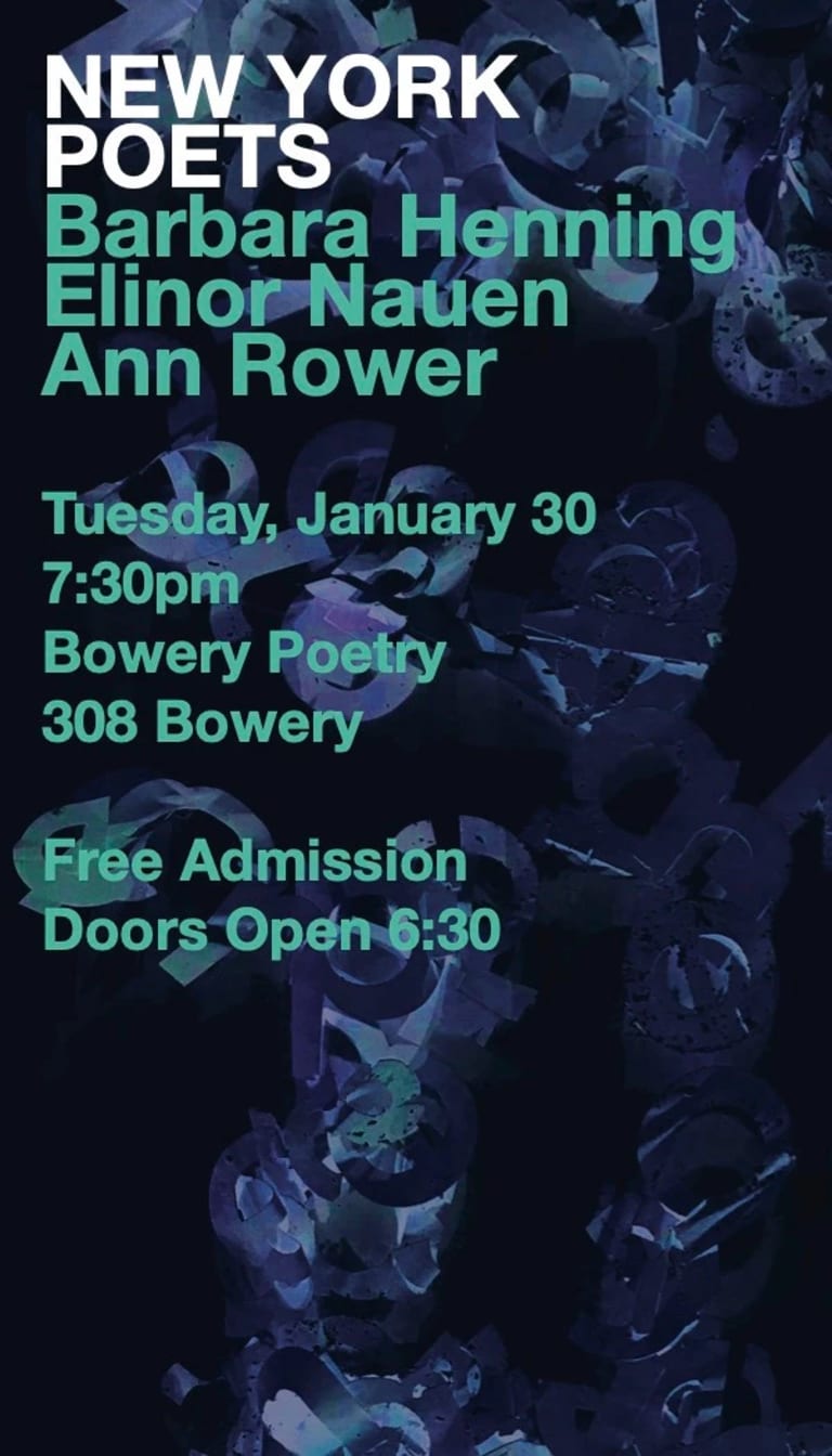 Event announcement flyer with the title New York Poets in white sans serif font, and the participants’ names, time, and location in turquoise font against a dark blue background filled with abstract shapes reminiscent of letters of the alphabet