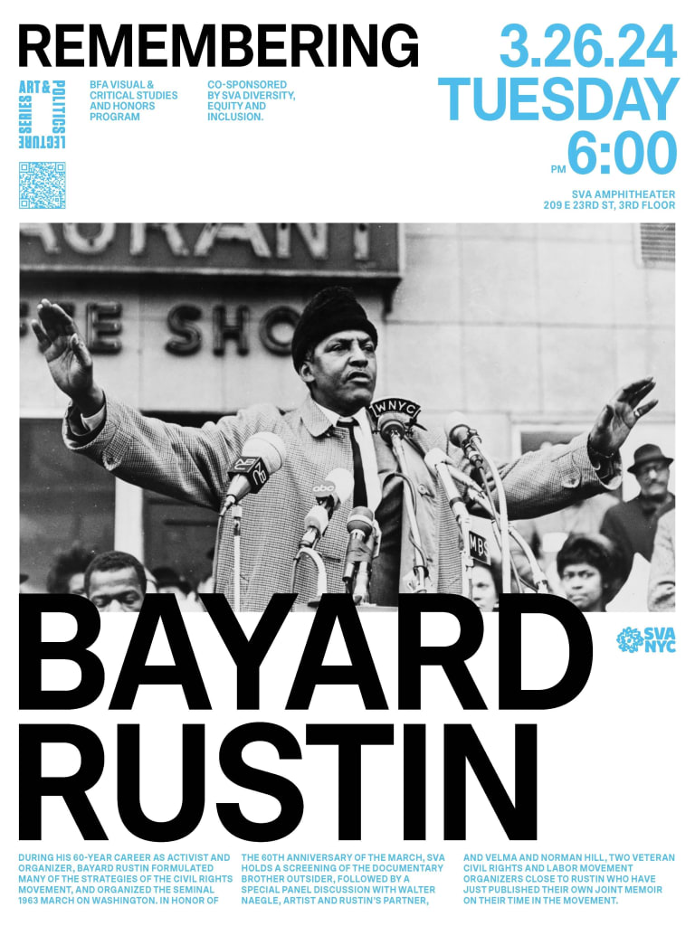 Event poster, Bayard Rustin, arms spread, in front of a crowd in NYC 