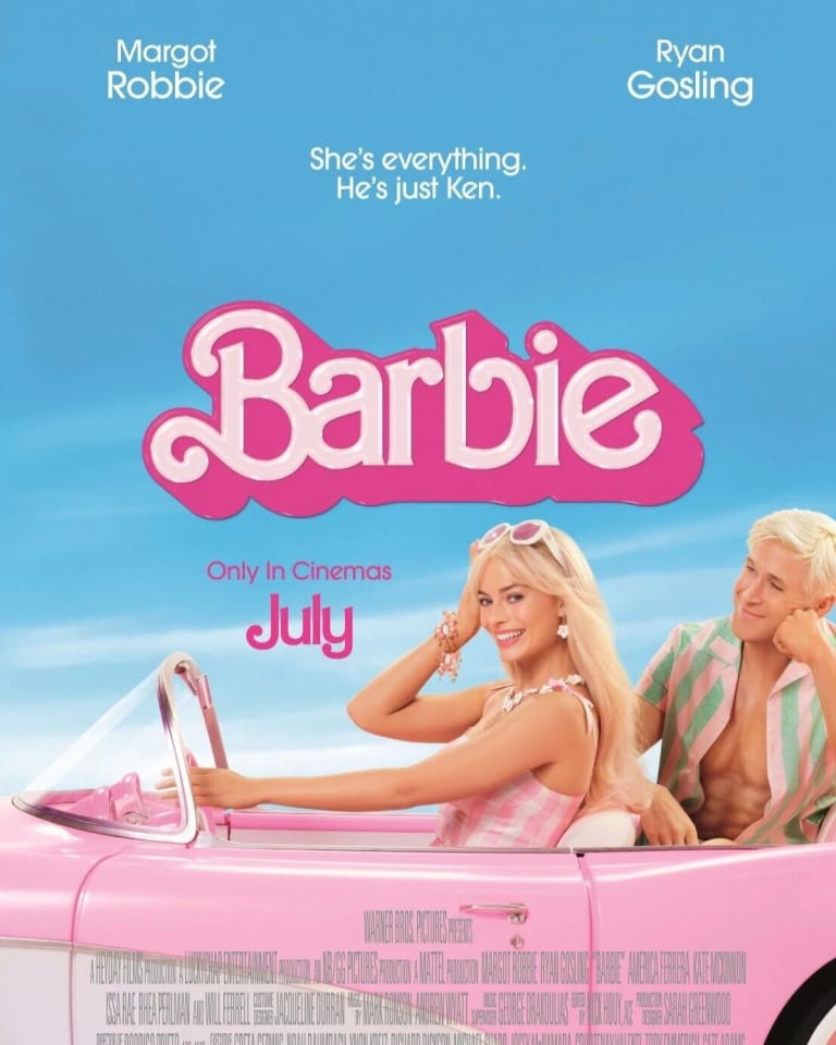 Movie poster for "Barbie" depicts a blonde woman driving a pink car and smiling at the camera.