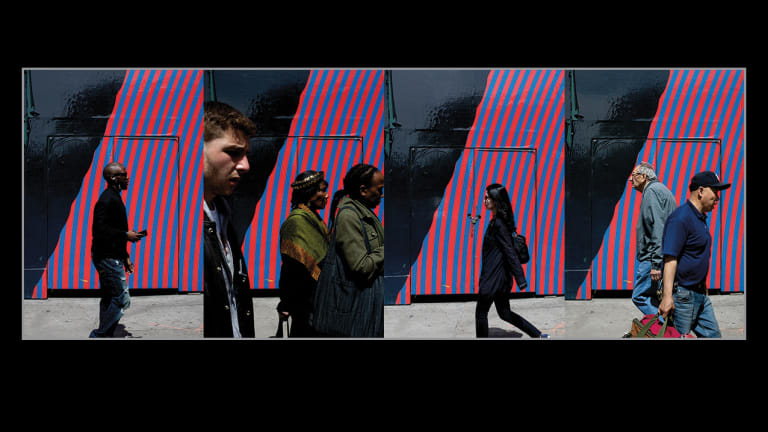 A grid of photographs of different pedestrians walking past a colorful building wall.
