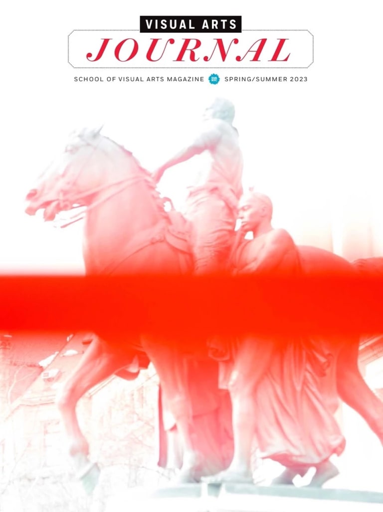 The cover of the spring/summer 2023 Visual Arts Journal magazine, featuring a silkscreen image of a statue of people and a horse that has been bisected and partly obscured by a thick band of red.