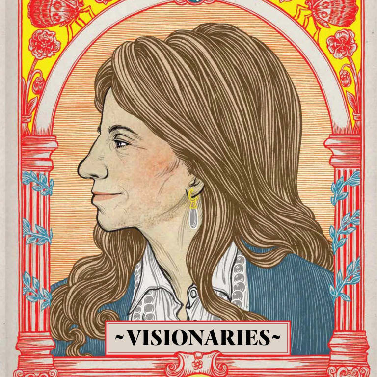 Renaissance style portraits of the founding MFA Design co-chairs Steven Heller and Lita Talarico. Each of them is surrounded by ornamental illustrated frames, and they are facing each other. Below each of them are words that read "Double Visionaries"