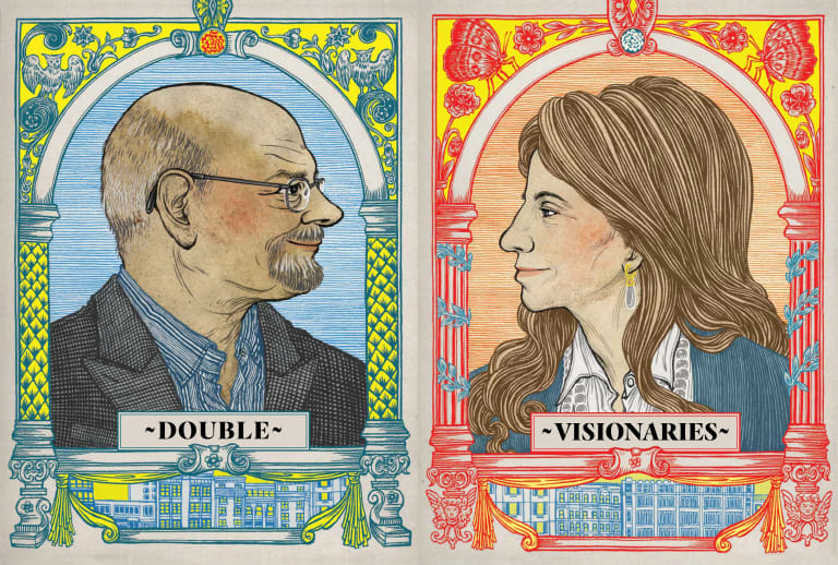 Renaissance style portraits of the founding MFA Design co-chairs Steven Heller and Lita Talarico. Each of them is surrounded by ornamental illustrated frames, and they are facing each other. Below each of them are words that read "Double Visionaries"