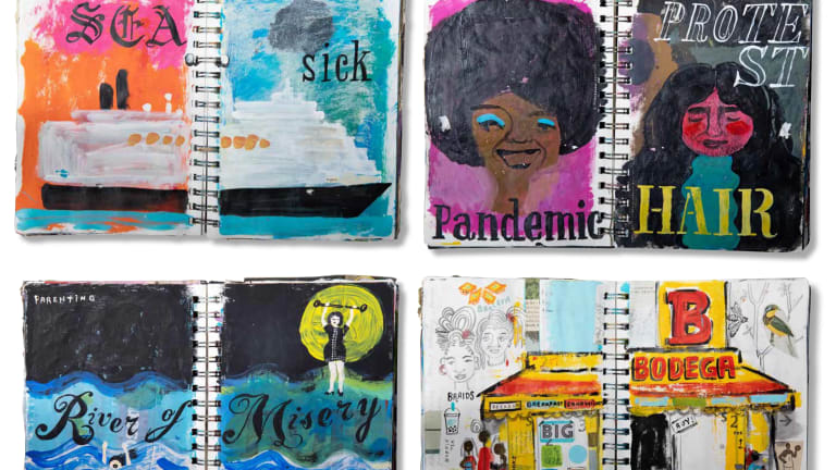 Four spreads of a sketchbook with a variety of different colorful gouache paint illustrations. 