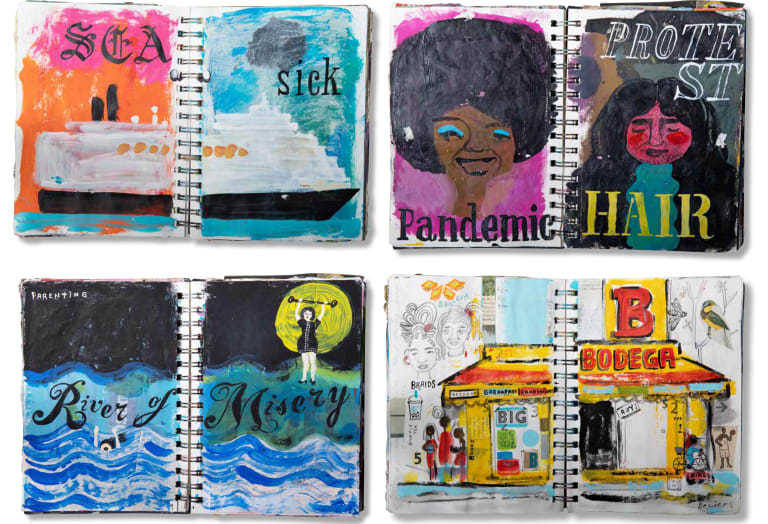Four spreads of a sketchbook with a variety of different colorful gouache paint illustrations. 