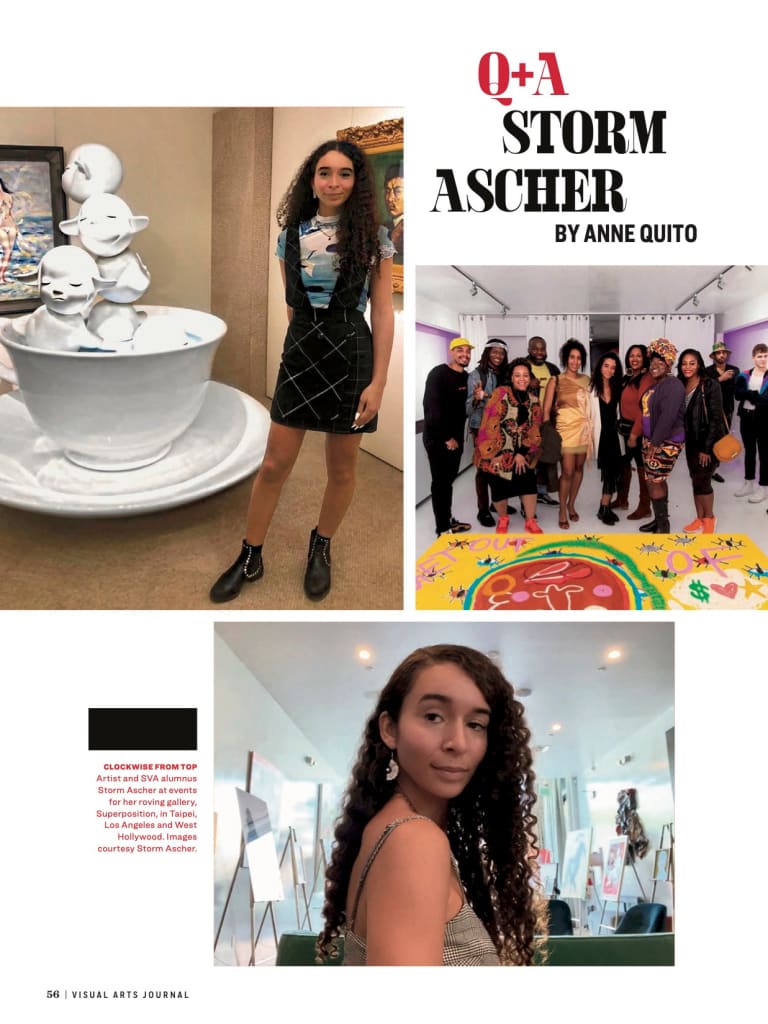 A page with the title Q & A: Storm Ascher by Anne Quito, and three color photographs of a young Hispanic woman with long hair standing next to a white sculpture of a giant teacup with several cartoonish lambs’ heads in it, a group of people facing us in a gallery space, and the same woman from the first photo looking at us over her right shoulder.