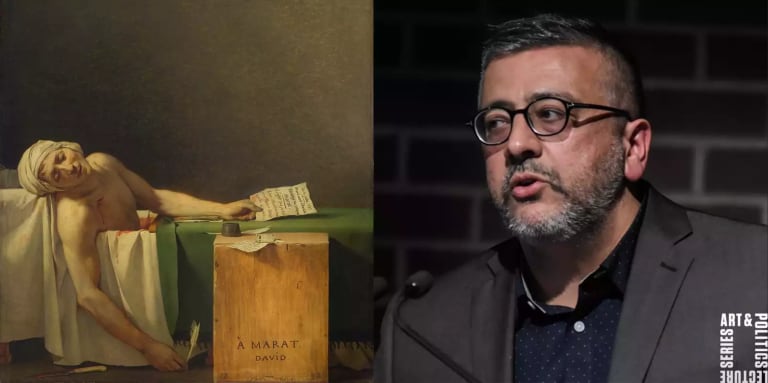 The painting The Death of Marat by David on the left and photo of Samir Gandesha on the right
