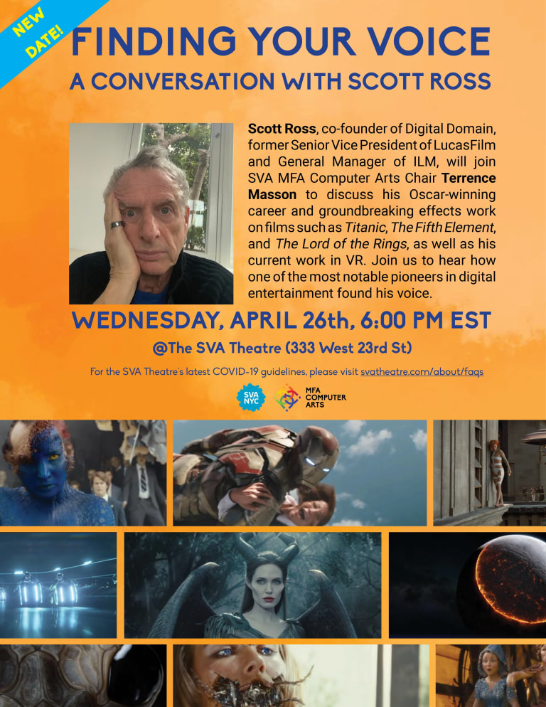 Poster with details of the talk with Scott Ross including his headshot and stills from films he's worked on.
