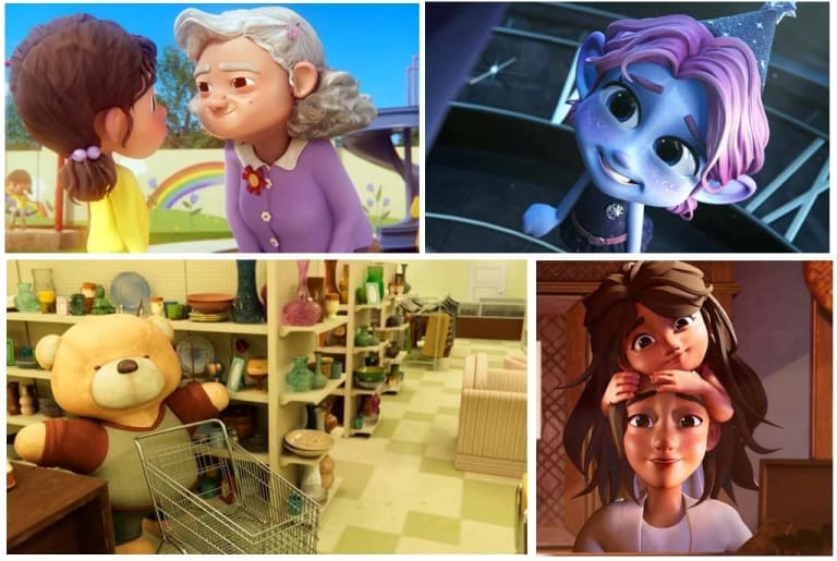 A collage of imagery from various animated short films; an old woman talking to a little girl in a playground, a teddy bear in a store, a mother holding the hair of her daughter and an blue animated elf-like creature wearing a party hat.
