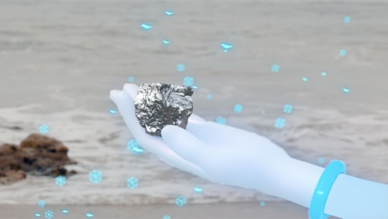 A virtual, whiteish-blue hand holds a shiny silver rock with blue snowflakes floating around