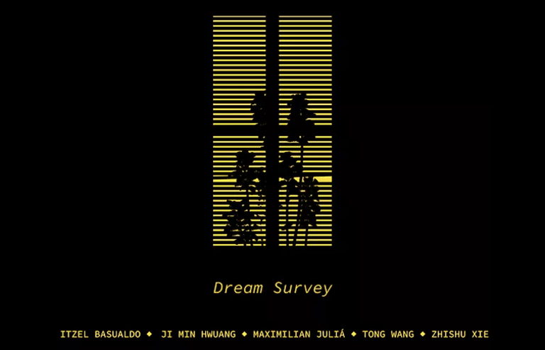 Black backdrop with a yellow window in the middle and black tree outlines seen in the window. It says "Dream Survey" under the window
