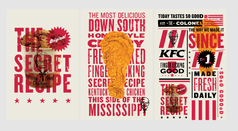 Three side-by-side images showing branding work for the KFC fast food chain, incorporating images of fried chicken; black, white and red type; and other graphic elements.