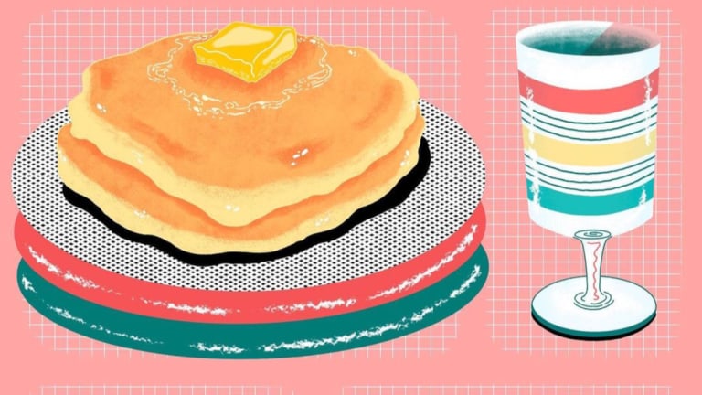 Here is an illustrated image of a stack of pancakes next to a cup, rendered in decorative patterns and colors.