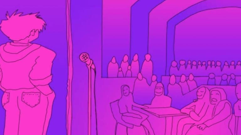 In this illustration, a comedian onstage faces a seated audience. Colors are purple and magenta.