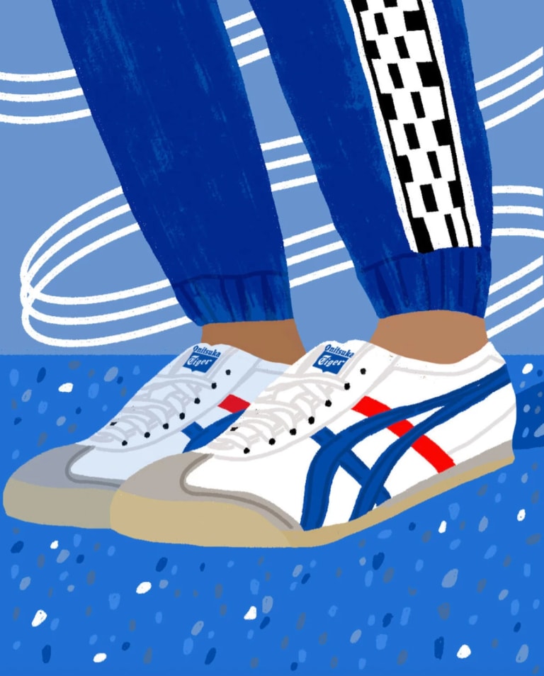 An illustration of a person wearing a pair of Asics shoes by SVA alummus Jenny Chang-Rodriguez.