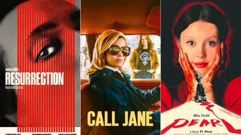 An image comp of three movie posters, Resurrection, Call Jane and Pearl